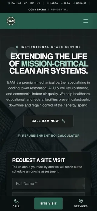 Building & Air Maintenance homepage on a phone