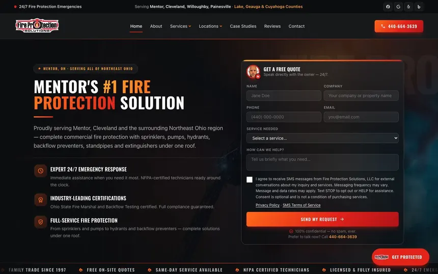 Fire Protection Solutions homepage on desktop