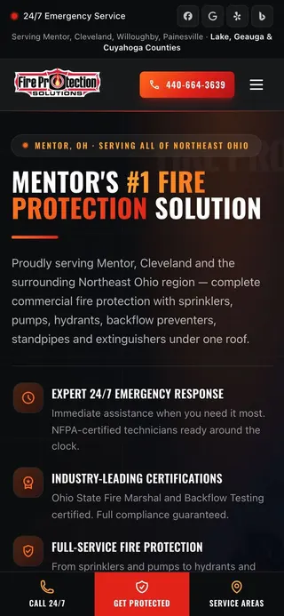 Fire Protection Solutions homepage on a phone