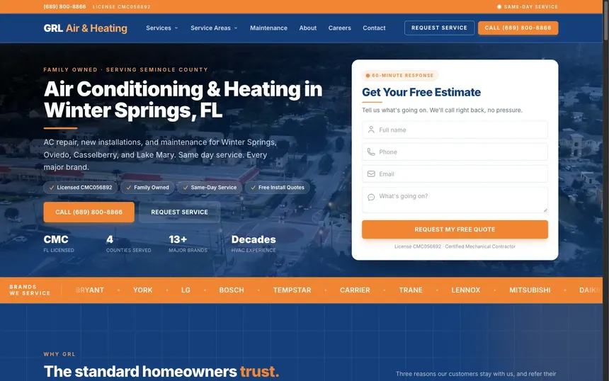 GRL Air & Heating homepage on desktop
