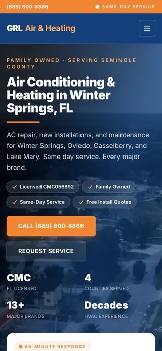 GRL Air & Heating homepage on a phone