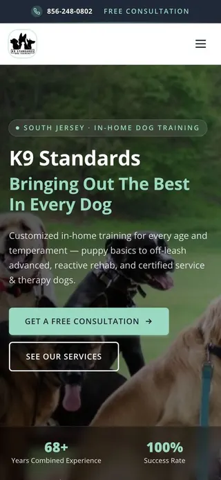 K9 Standards homepage on a phone