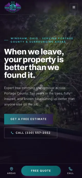 Portage County Tree Service homepage on a phone