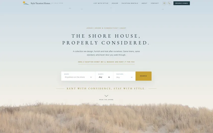 Style Vacation Homes homepage on desktop