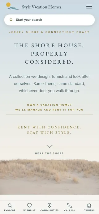Style Vacation Homes homepage on a phone