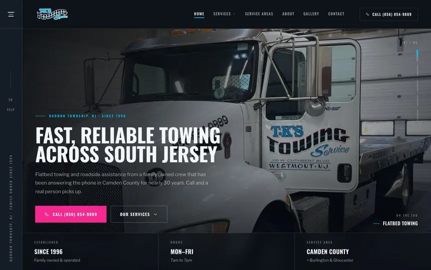 TK’s Towing homepage on desktop