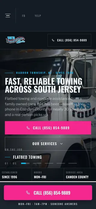 TK’s Towing homepage on a phone