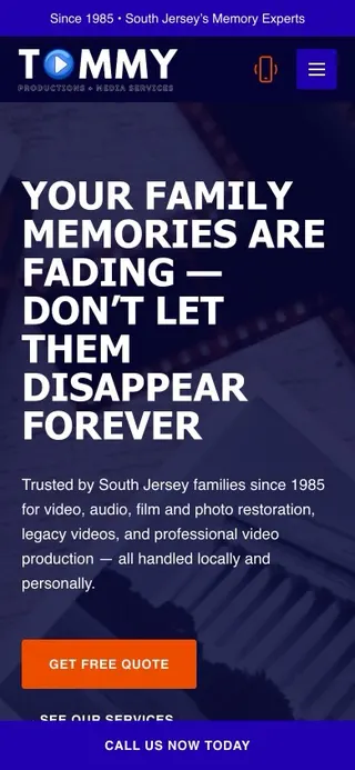 Tommy Productions homepage on a phone