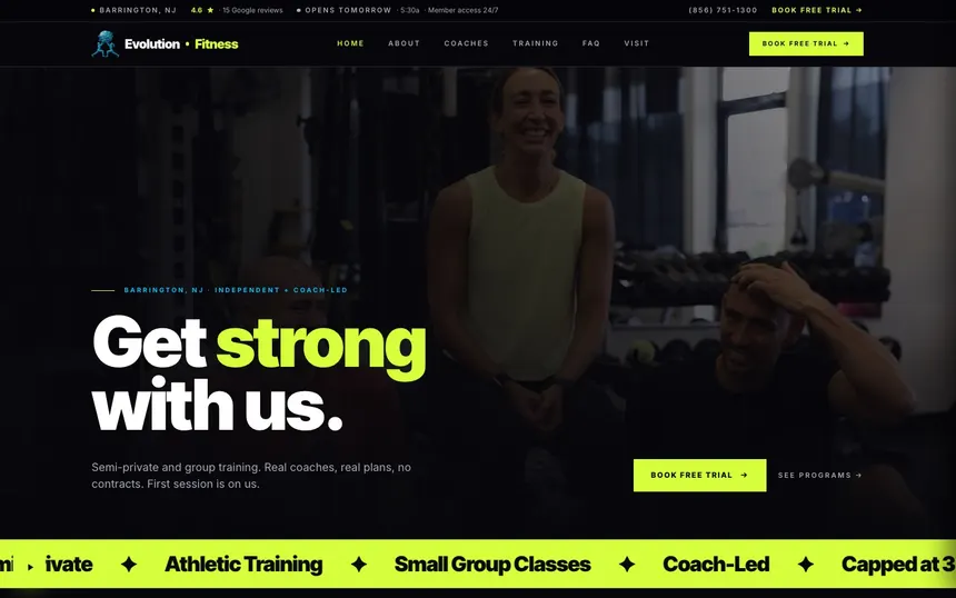 Evolution Fitness homepage on desktop